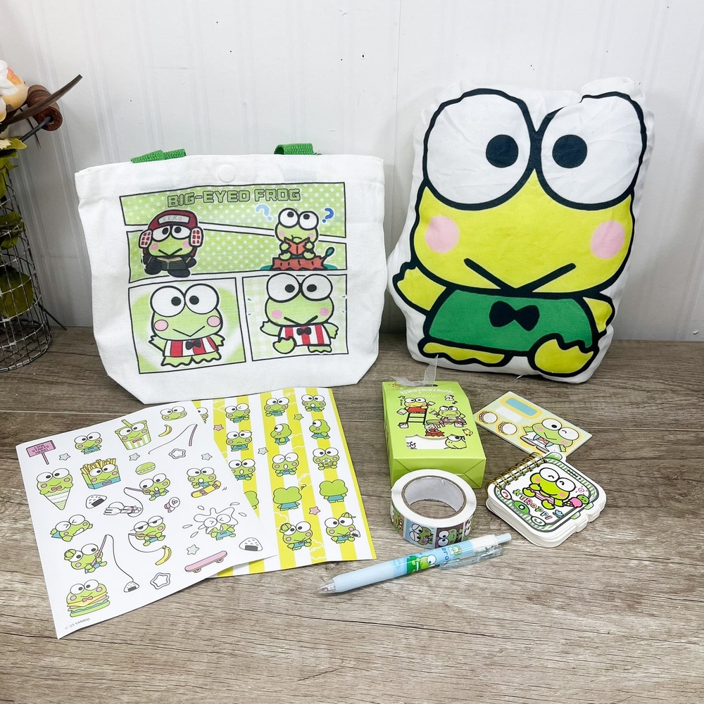 Sanrio Keroppi 8pc Stationery Set Tote Bag Plush Pillow Stickers Notebook Pen